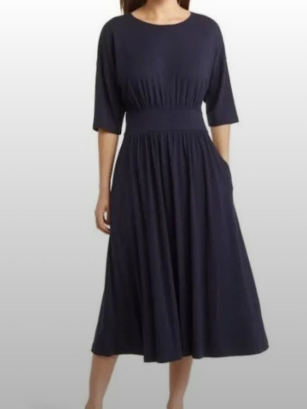 Nordstrom Size L Midi Dress Navy blue Elbow Sleeves Cinched Waist Pockets NWT